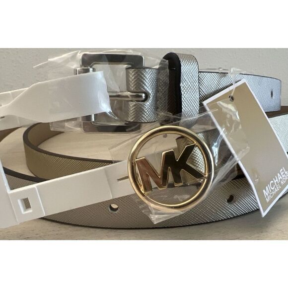 MICHAEL KORS BELT SET (2) METALLIC GOLD & Silver SKINNY MK LOGO Round BUCKLE - Picture 6 of 10